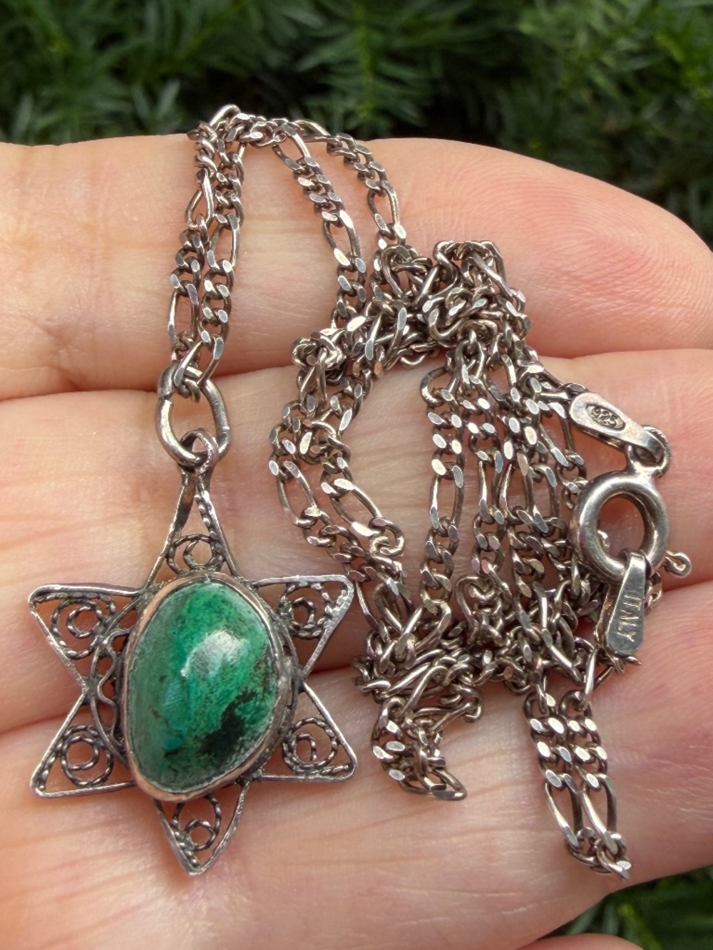 VINTAGE CHRYSOCOLLA STAR IF DAVID MAGEN DAVID PENDANT NECKLACE ISRAEL 925 SILVER